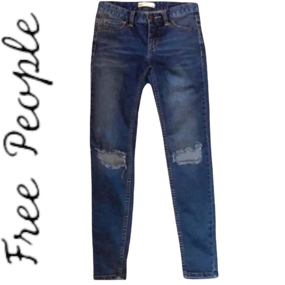 FREE People Dark Blue Wash Busted Knee Mid Rise Skinny Jeans Size W24 - Picture 3 of 16
